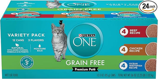 Purina ONE Grain Free, Natural Pate Wet Cat Food Variety Pack, Beef, Chicken and Ocean Whitefish Recipes - (2 Packs of 12) 3 oz. Pull-Top Cans