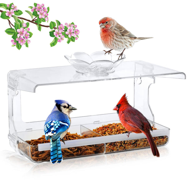 Window Bird Feeder with Non-Marking Self-Adhesive Hooks, Clear and Transparent, Outdoor Wild Bird Watching Gift, Garden Decor (Standard)