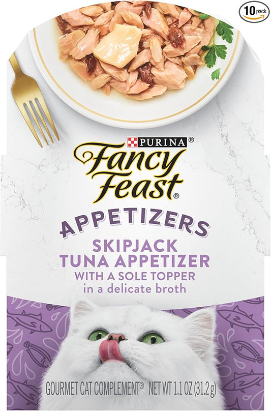 Purina Fancy Feast Appetizers Lickable Grain Free Wet Cat Food Topper Skipjack Tuna Appetizer with Sole - (Pack of 10) 1.1 oz. Trays
