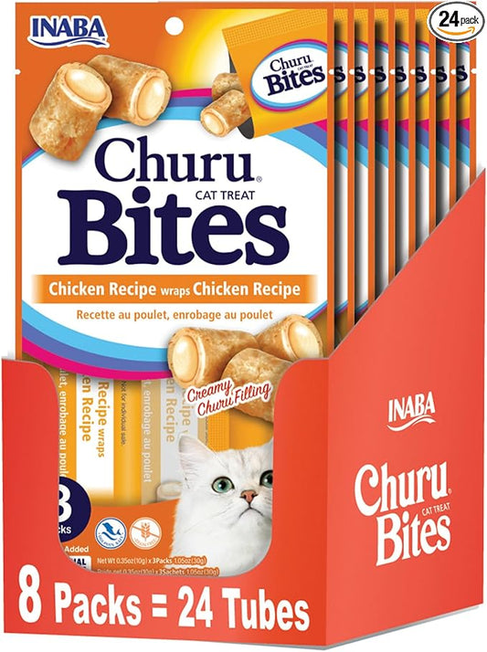 INABA Churu Bites for Cats, Soft/Chewy Baked Chicken Wrapped Churu Filled Cat Treats with Vitamin E, 0.35 Ounces per Tube, 24 Tubes Total (3 Tubes per Pack), Chicken Recipe