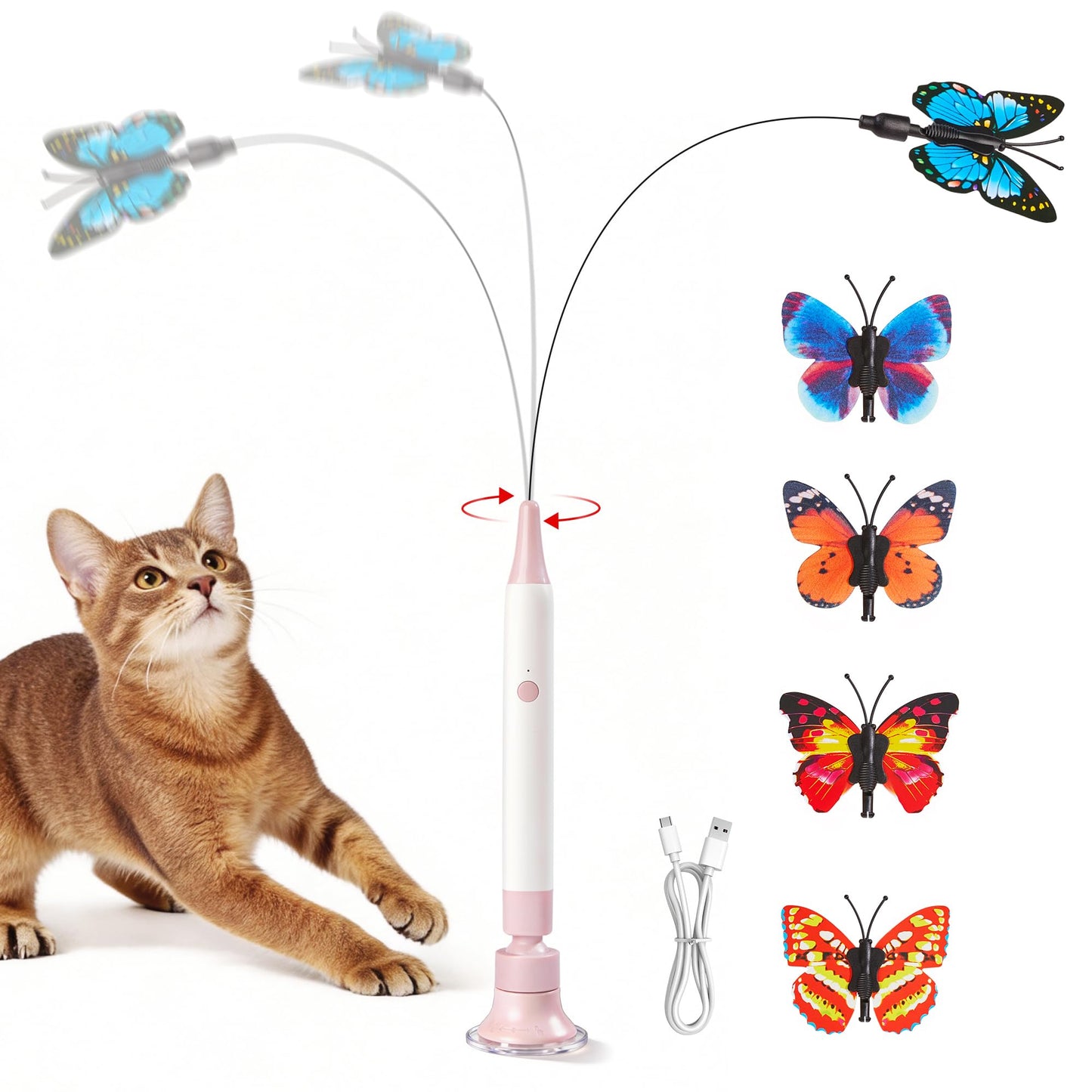 Potaroma Interactive Spinning Butterfly Cat Toy Wand – Rechargebale Electric Touch Activated Cat Teaser with Suction Cup Self-Play & Handheld Mode
