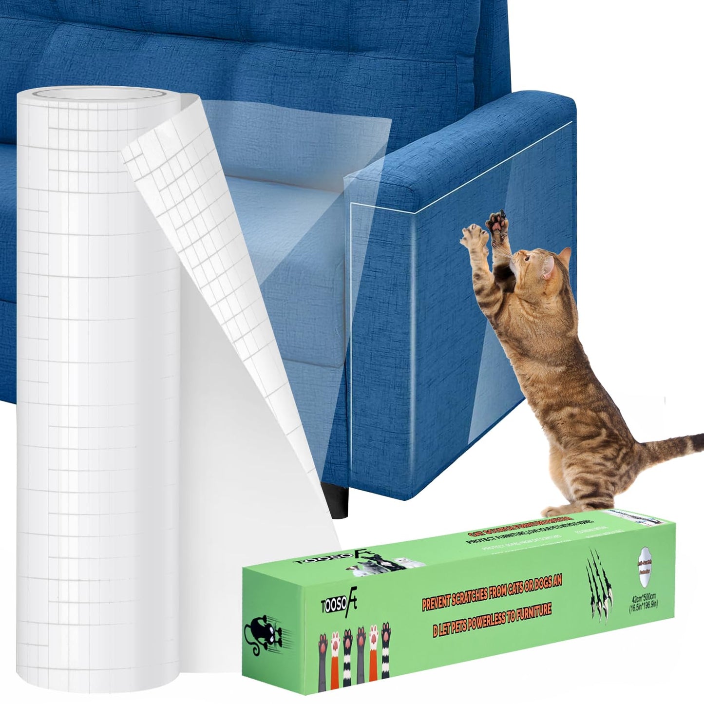 TOOSOFt Anti Cat Scratch Furniture Protector Clear Thicken Vinyl 196.9"x16.5" Couch Protector from Cat Claws - Single Sided Sticky Flexible Dog Tape for Furniture, for Couch Corner Door Walls Bed