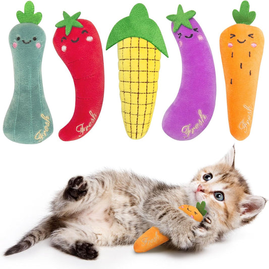 ETEKYER Catnip Cat Toys, 5 Pack, Plush Cat Nip Toys for Indoor Kitten Kitty, Interactive Cat Kicker Chew Safe Teeth Cleaning Toys, Fun Vegetable Shape