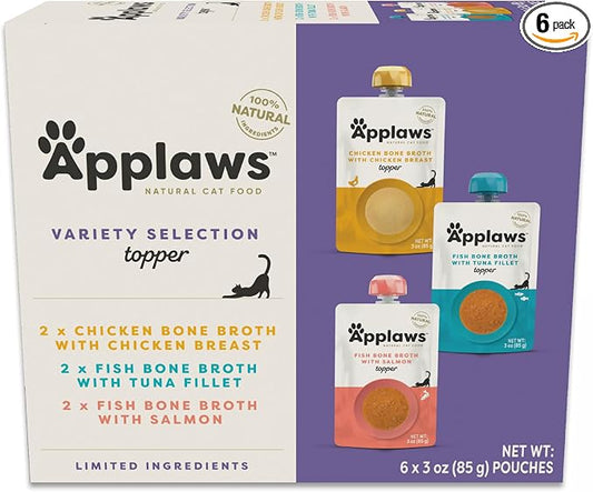 Applaws Bone Broth Fish & Chicken Variety 12-Pack Lickable Wet Cat Food Topper, High Protein, Limited Ingredient, Grain Free, No Artificial Additives