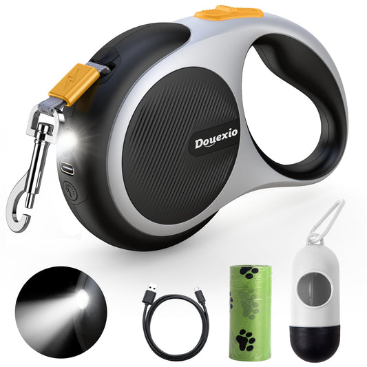 Retractable Dog Leash with LED Flashlight, Douexio Upgrade 3 in 1 Dog Leash Retractable for Small Medium Dogs Up to 66 lbs, 16ft, Anti-Slip Handle