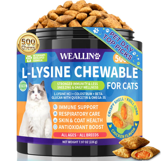 L-Lysine Chews for Cats 500 Chews, Immune & Respiratory Support Crunchy Shell with Krill Core, with Colostrum & Omega-3s for Sneezing and Runny Nose, Chicken Flavor, for All Ages & Breeds Cats