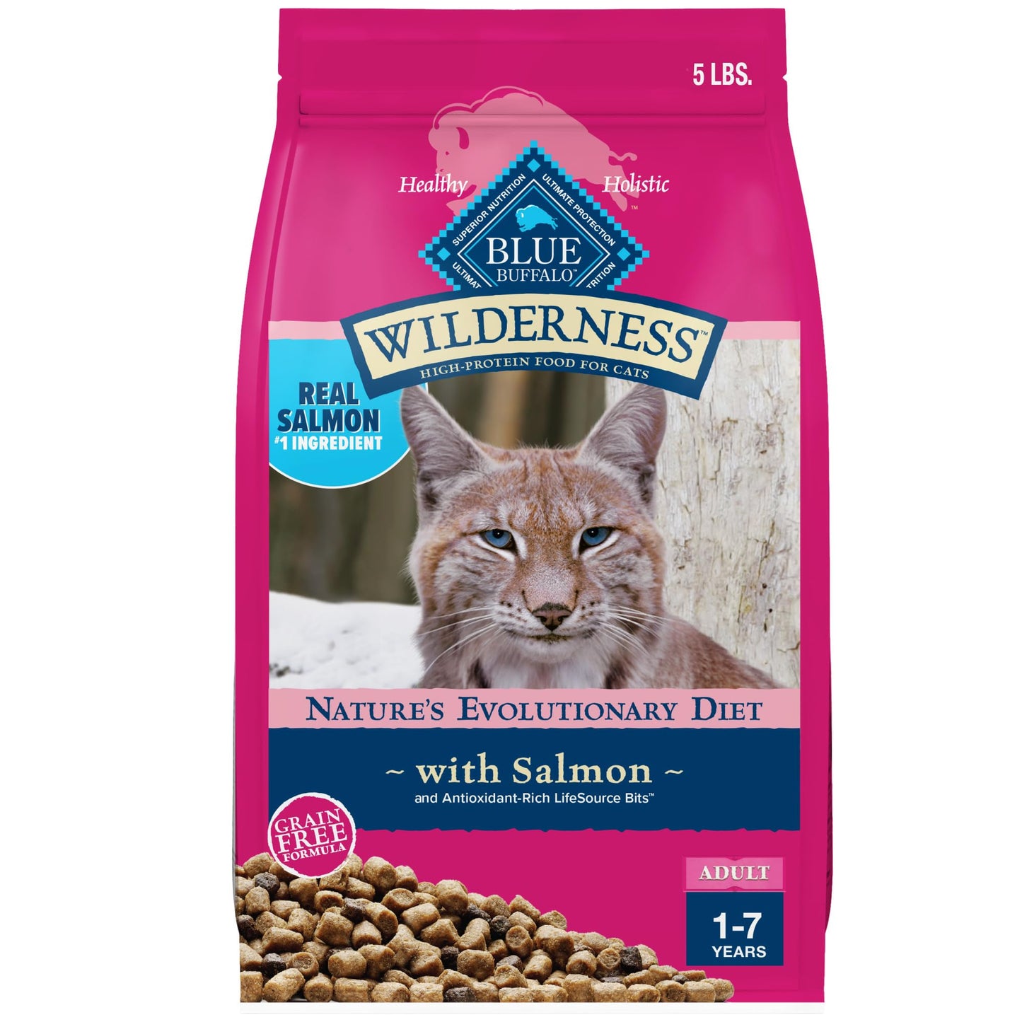 Blue Buffalo Wilderness Natural Adult Dry Cat Food, High-Protein and Grain-Free Diet, Supports Healthy Muscle Development and a Healthy Immune System, Salmon, 5-lb Bag