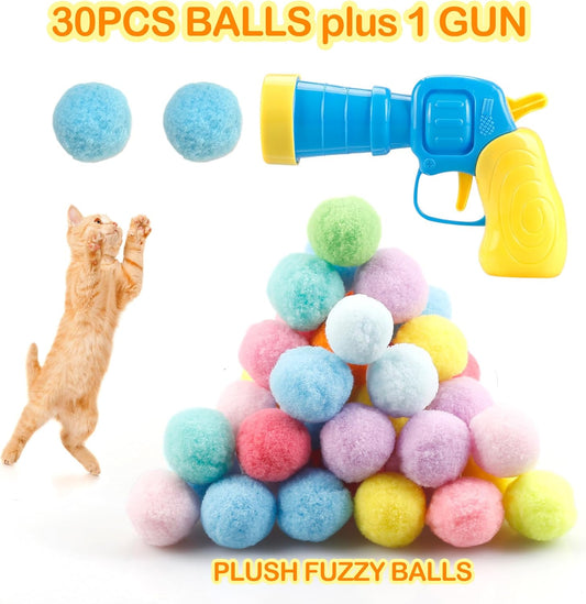 MeoHui 31Pcs Cat Ball Toy Launcher Gun,Cat Balls Fetch Toy,30Pcs Plush Fuzzy Balls Launcher Cat Toy for Cats with 1 Gun,Funny Interactive Cat Toys for Bored Indoor Adult Cats,Cute Kitten Kitty Toys