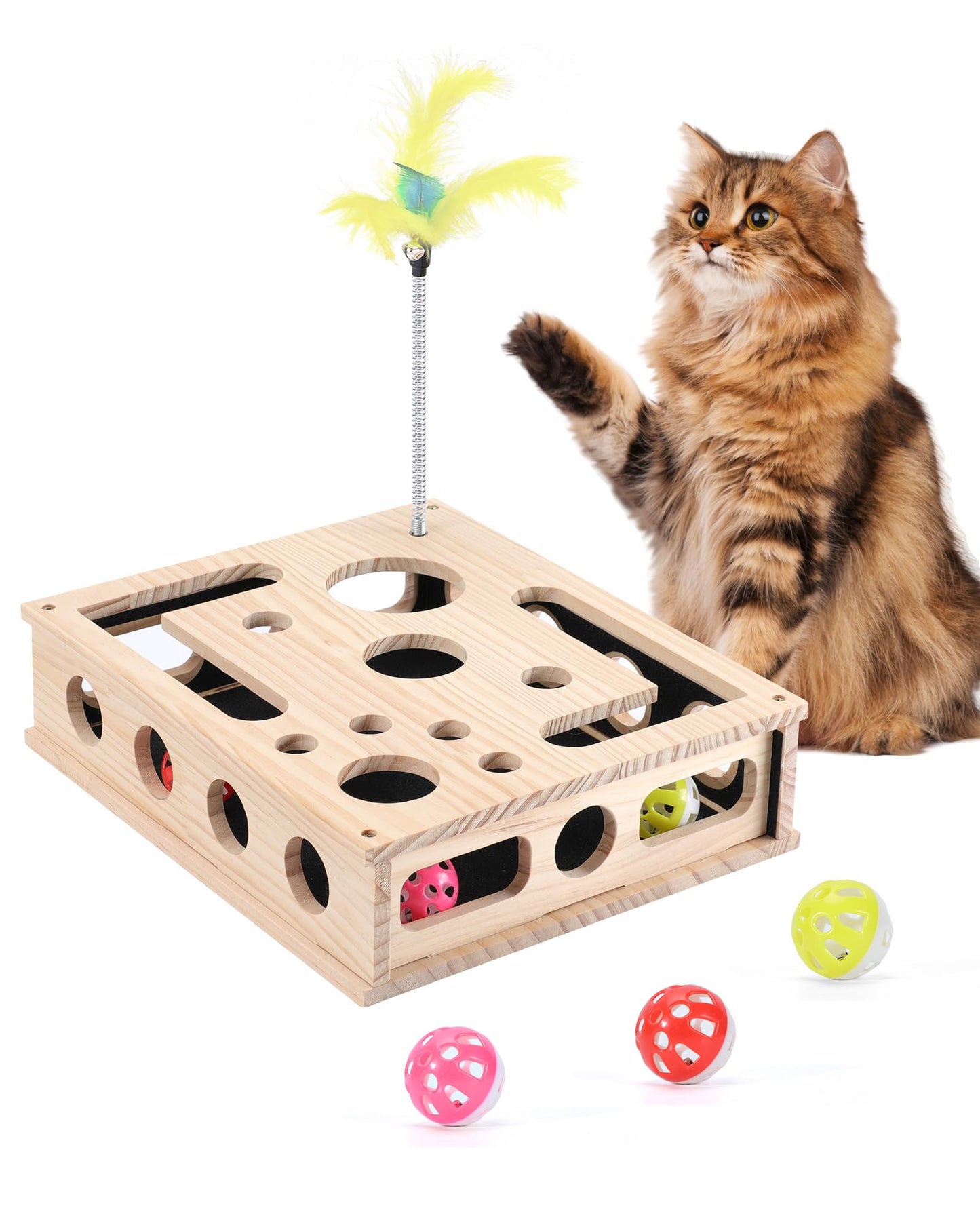 Cat Toys for Indoor Cats - Interactive Box Puzzle Toy Nail File Scratcher Hunting Play Toy with 3 Jingle Balls & 1 Feather Wand, Wooden Puzzle Treat Toy Box Energize Cat Instincts for Bored Cats