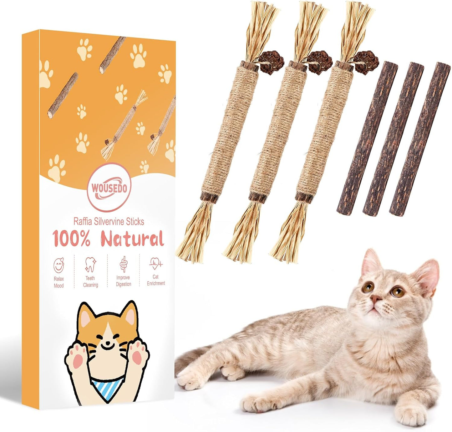WOUSEDO 6 Pack Silvervine Sticks Cat Toy, Natural Chew Stick for Dental Care Teeth Cleaning,Matatabi Cat nip Treat Toys for Indoor Cats& Kittens
