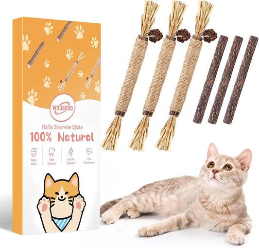 WOUSEDO 6 Pack Silvervine Sticks Cat Toy, Natural Chew Stick for Dental Care Teeth Cleaning,Matatabi Cat nip Treat Toys for Indoor Cats& Kittens