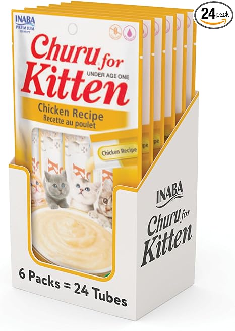INABA Churu for Kittens, Creamy, Purée Lickable Cat Treats with DHA, EPA, Vitamin E & Taurine, 0.5 Ounces Each, 24 Tubes (4 per Pack), Chicken Recipe