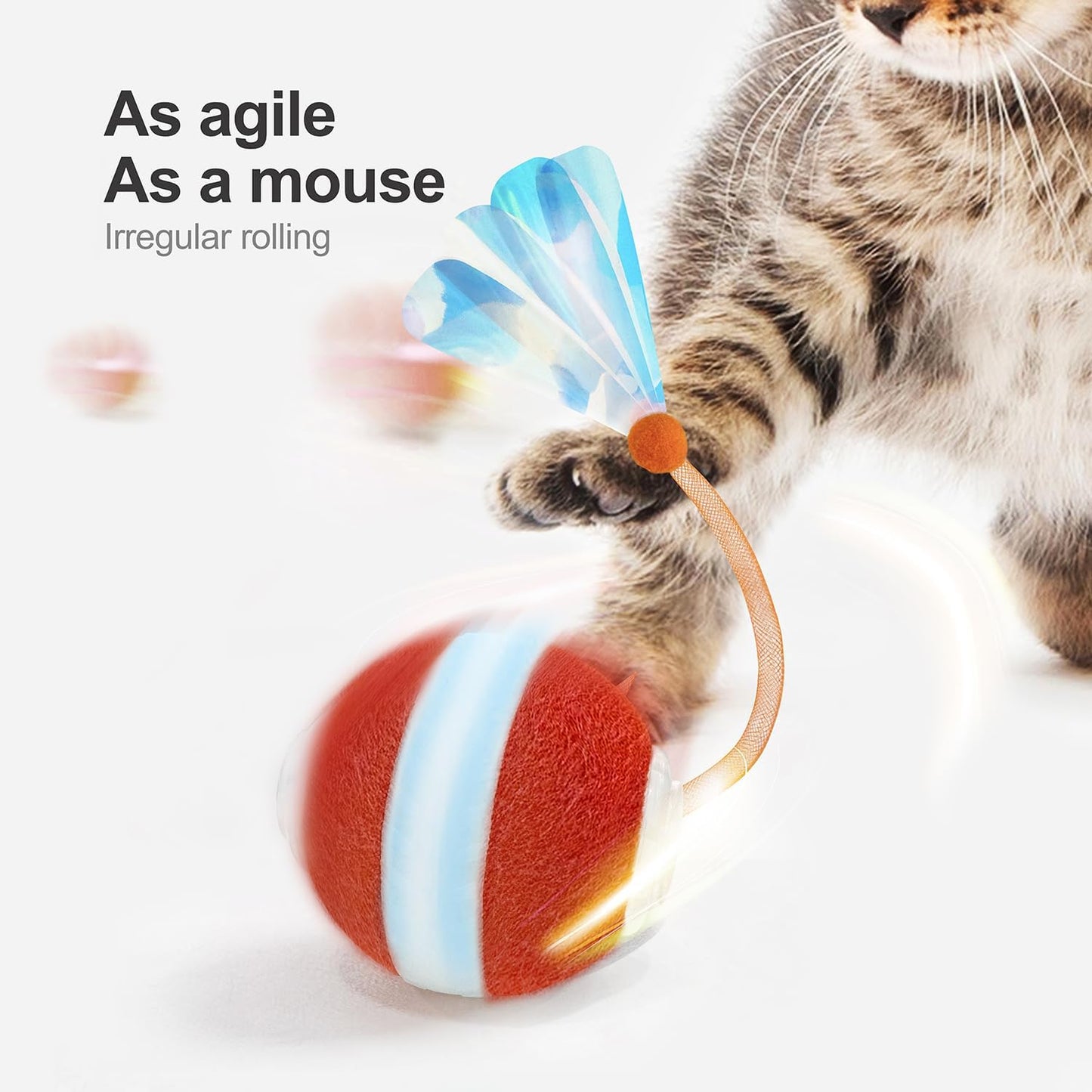 Interactive Cat Toys for Indoor Cats,The 3rd Generation Agile Moving Cat Ball with Elastic Mesh Tail,Automatic Kitten Toys for Bored Indoor Cats,Motion Activated (Orange)