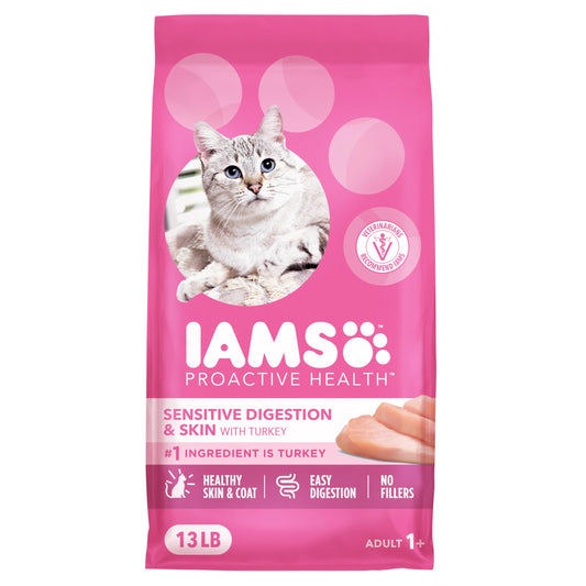 IAMS Proactive Health Adult Sensitive Digestion & Skin Dry Cat Food with Turkey, 13 lb. Bag