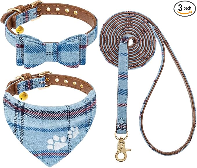 EXPAWLORER Puppy Collar and Leash Set - Embroidery Pawprints Plaid Dog Collar and Dog Leash Set, Bow Tie and Bandana Dog Collar with Bell, Cute