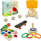 Bird Toys,Parrot Training Toys for Lovebird,Five-Types Parakeet Toys Sets for Conure, Cockatiel,12 PCS Parrot Intelligence Toy,Basketball Hoop,Skateboard,Stacking Toys,Wooden Block Bird Puzzles Toy