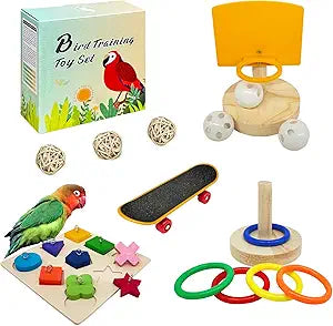 Bird Toys,Parrot Training Toys for Lovebird,Five-Types Parakeet Toys Sets for Conure, Cockatiel,12 PCS Parrot Intelligence Toy,Basketball Hoop,Skateboard,Stacking Toys,Wooden Block Bird Puzzles Toy