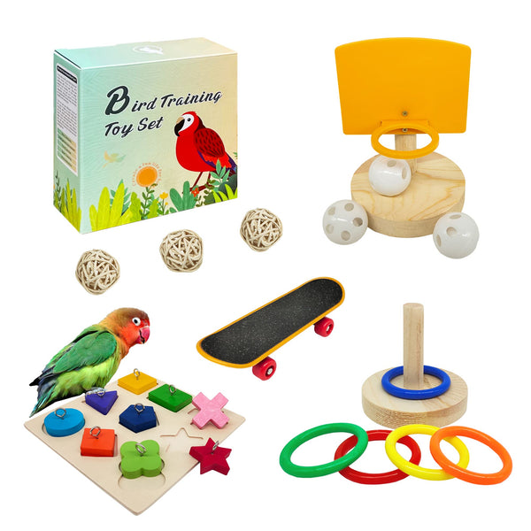 Bird Toys for Parakeets,5pcs Parrot Toys Set (Include Basketball Hop,Skateboard,Stacking,Parrot Wooden Block Puzzles,Small Sepak Takraw) Parakeet Toys for Bird Training Toys