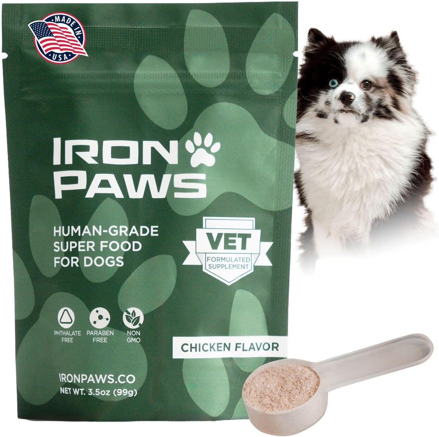 Iron Paws Human-Grade Superfood For Dogs, Premium Greens Powder Supplement For Dental Health, Longevity, Hip & Joint, Gut Health, Allergies, Immune