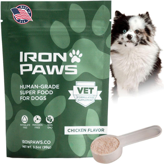 Iron Paws Human-Grade Superfood For Dogs, Premium Greens Powder Supplement For Dental Health, Longevity, Hip & Joint, Gut Health, Allergies, Immune Support, Skin & Coat - 3.5 oz Nutrient Dense Formula