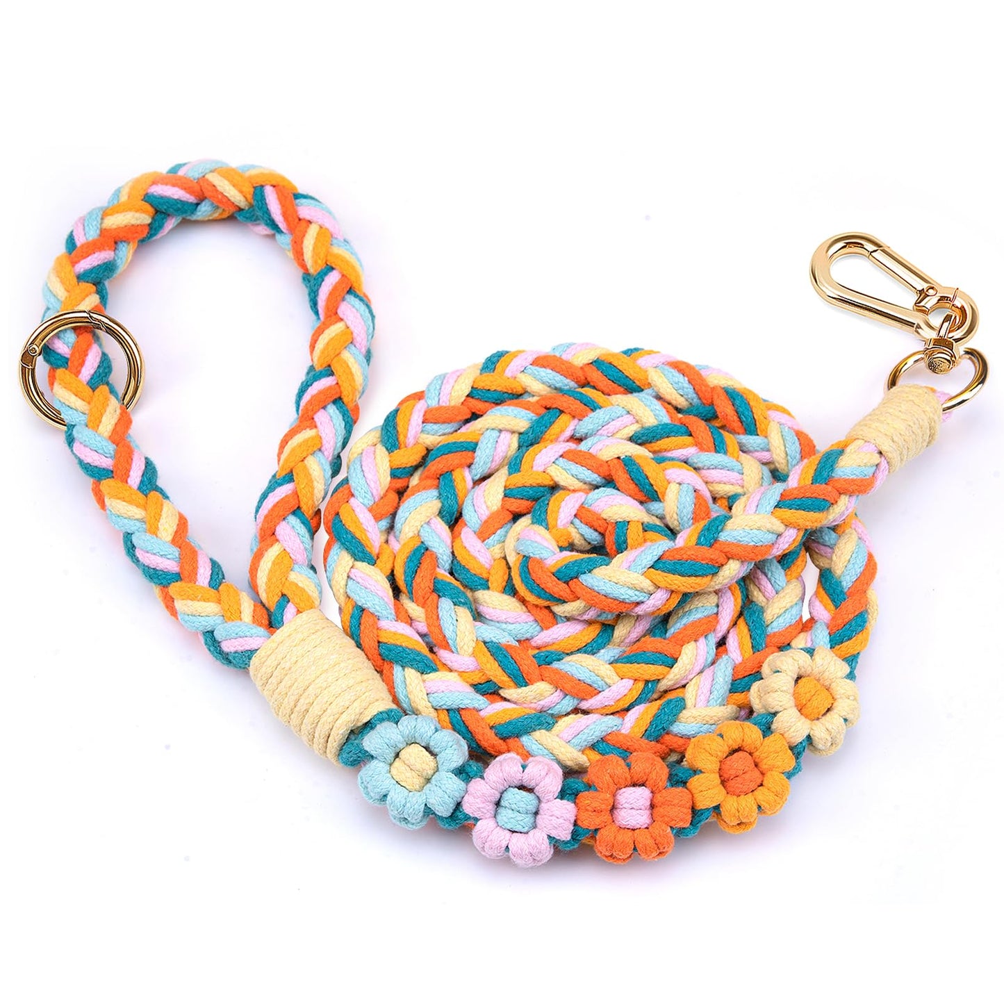 Handmade 5ft Braided Cotton Dog Leash with Unique Floral Handle, Durable and Stylish, Ideal for Small to Large Dogs,Rainbow Mix
