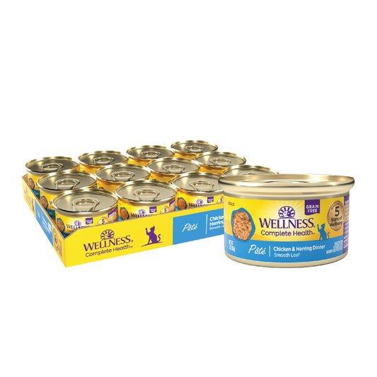 Wellness Complete Health Pate Adult Wet Cat Food, Natural, Protein-Rich, Grain-Free, 3 Ounce, 24 Pack, (Chicken & Herring)