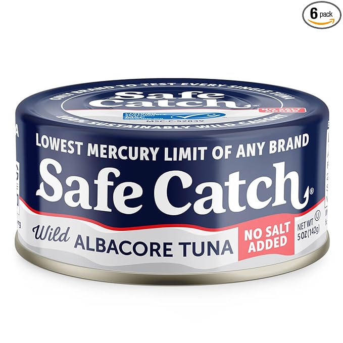 Safe Catch Canned Lowest Mercury Limit Albacore Tuna Fish No Salt Added, Wild Caught, Gluten-Free, Kosher, Keto, 5oz Can, 6-Pack