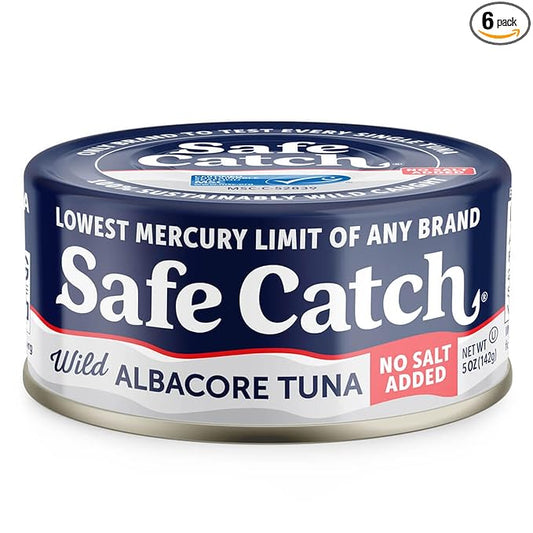 Safe Catch Canned Lowest Mercury Limit Albacore Tuna Fish No Salt Added, Wild Caught, Gluten-Free, Kosher, Keto, 5oz Can, 6-Pack