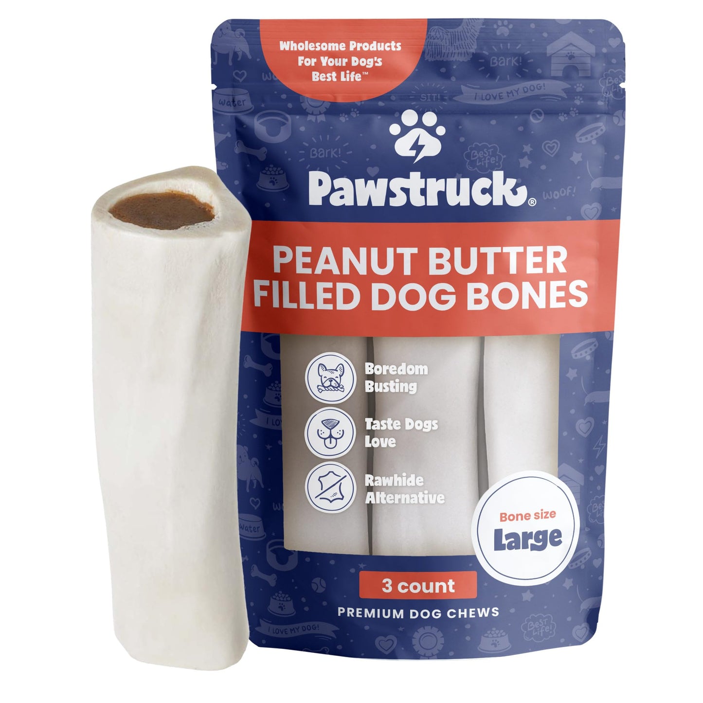 Pawstruck Large 5-6" Filled Dog Bones, Peanut Butter Flavor - Made in USA, Long Lasting Stuffed Femur for Aggressive Chewers, Dental Treat - Pack of
