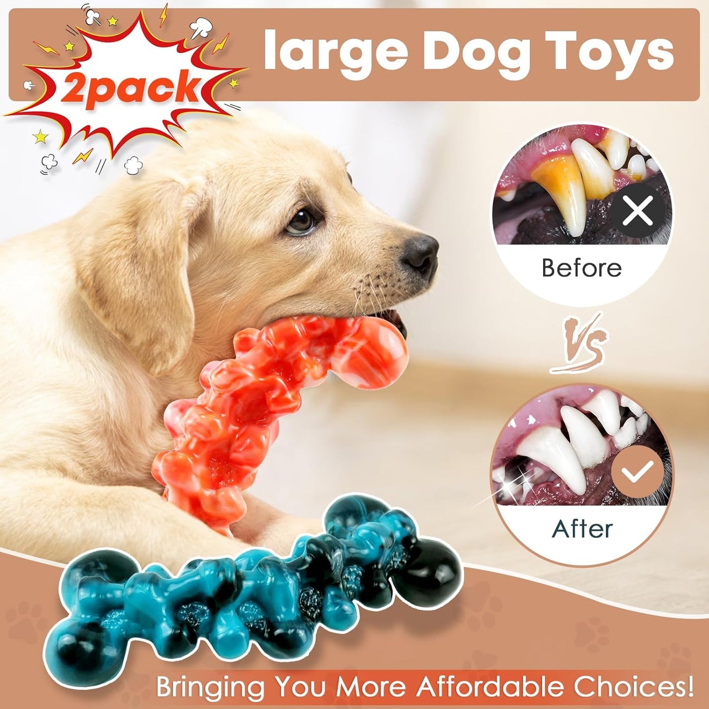 Dog Chew Toys for Aggressive Chewers - 2 Pack Indestructible Teeth Cleaning Chew Toys to Keep Them Busy for Medium & Large Dogs
