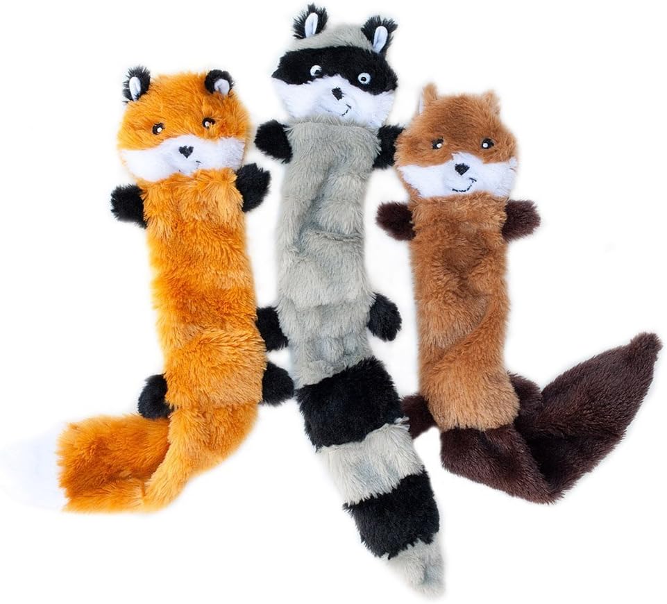 ZippyPaws Skinny Peltz - No Stuffing Dog Toy Pack to Keep Them Busy, for Medium and Large Dogs, Squeaky Pet Toys, Unstuffed Chew Toys, Soft Plush Variety Pack, Fox, Raccoon, and Squirrel - 18"