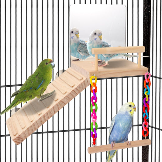 KyoukiBird Perch Platform Bird Toys with Bird Mirror Climbing Ladder Swing, Parakeet Cage Accessories - for Cockatiels, Lovebirds, Budgies,Pacific