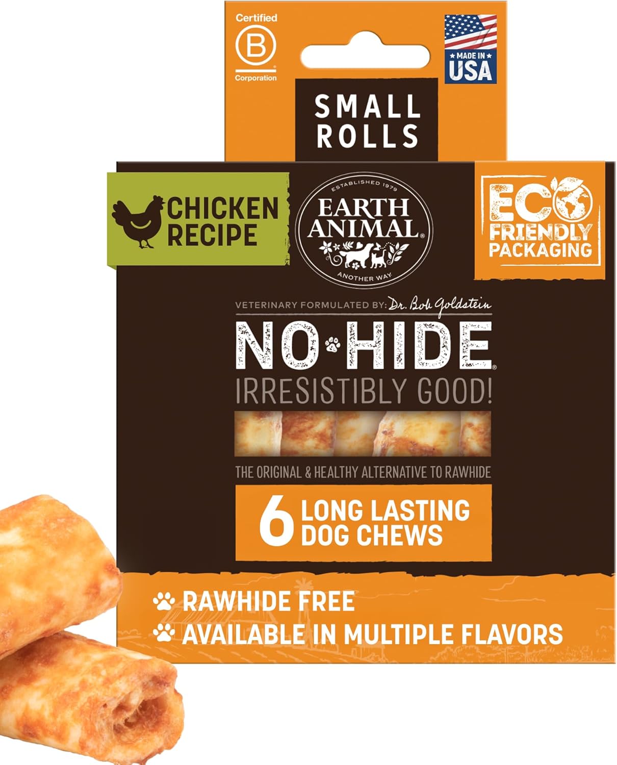 Earth Animal No Hide Chews - Long Lasting Rawhide Free Small Dog Chews Rolls, Chicken - 6 Count