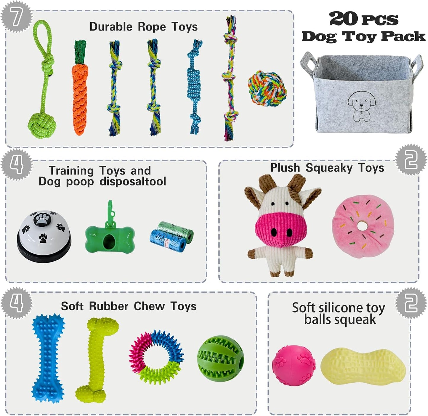 20Pcs Puppy Chew Toys for Teething, Dog Chew Toys with Rope Toy, Pet Dog Toothbrush, Treat Balls, Plush Toys and Squeaky Toys for Small Medium Dogs with Basket