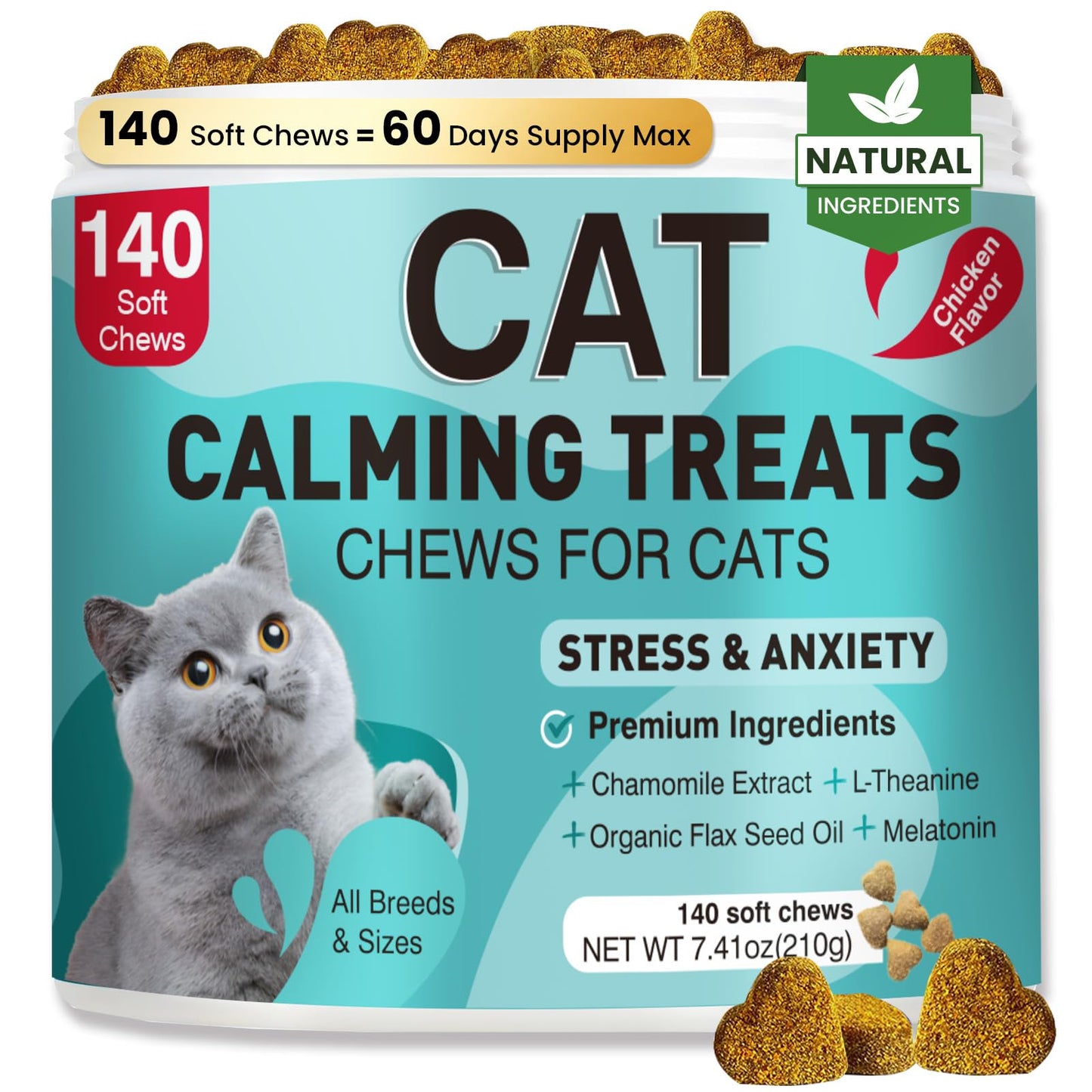 Cat Calming Treats, 140 Soft Chews to Relieve Anxiety, Stress & Prevent Bites, Perfect for Travel & Veterinary Visits, Soothing Calming Care for