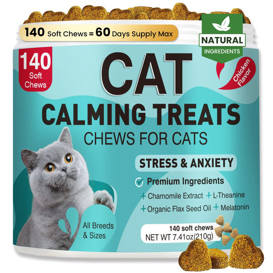 Cat Calming Treats, 140 Soft Chews to Relieve Anxiety, Stress & Prevent Bites, Perfect for Travel & Veterinary Visits, Soothing Calming Care for