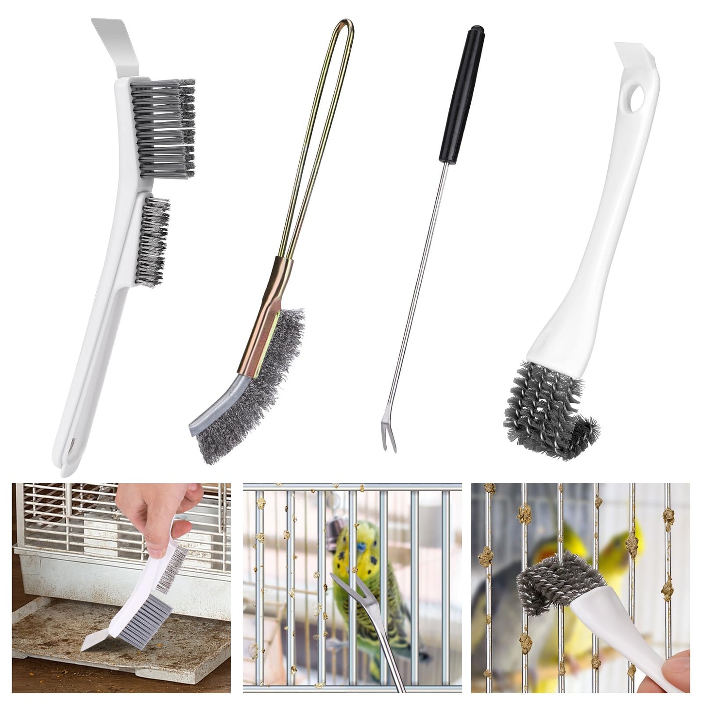 XANGNIER Bird Cage Cleaner Brush Kit,Bird Poop Remover Cleaning Tools Set Accessories for Small,Medium,Large,Tall,Stainless Steel,Parakeet,Budgie,African Grey Parrot,Cockatoo Birds Cage Accessories