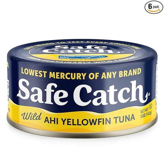 Safe Catch Wild Ahi Yellowfin Tuna Fish Canned, Wild Caught, Lowest Mercury, Lean Protein, Omega 3, Gluten-Free, Kosher, Pack of 6