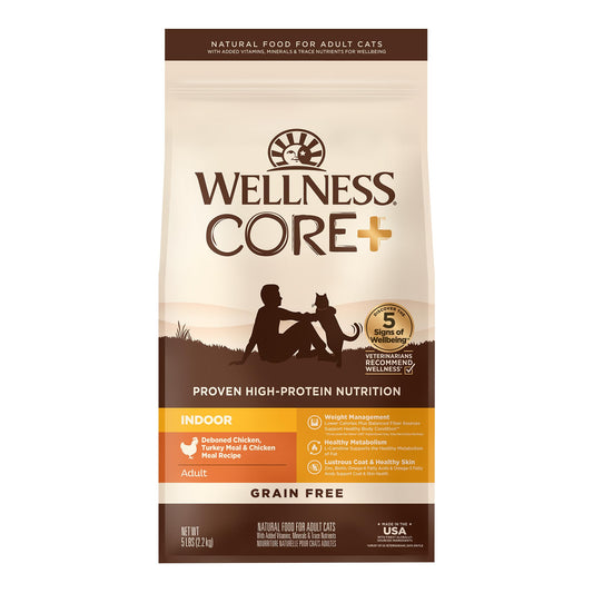 Wellness CORE+ Adult Dry Cat Food for Indoor Cats, Grain-Free, Natural, Chicken, Turkey & Chicken Meal (5 Pound Bag)