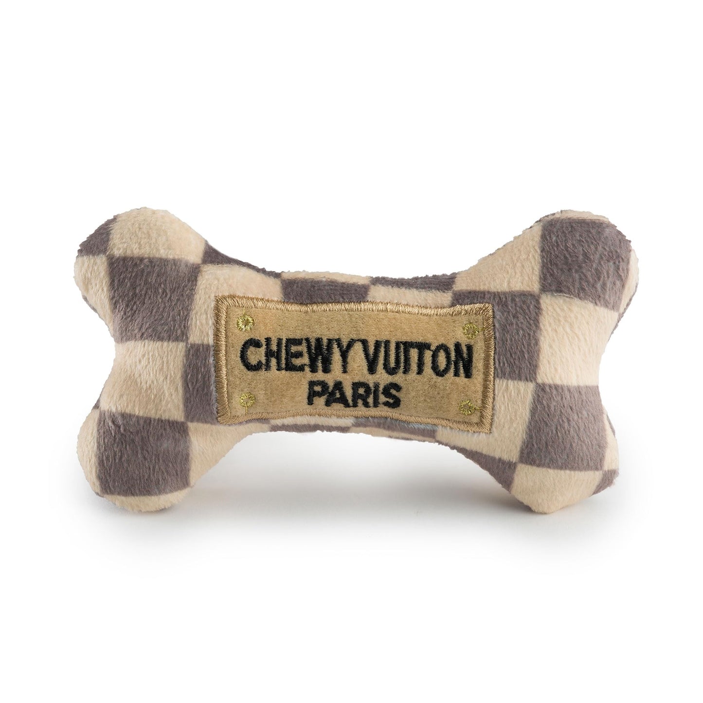 Haute Diggity Dog Chewy Vuiton Bone Plush Dog Toy, Tan Checker, Small | Designer Parody Toy, Hidden Squeaker, Soft Plush Stuffed Dog Toys, Small Dog