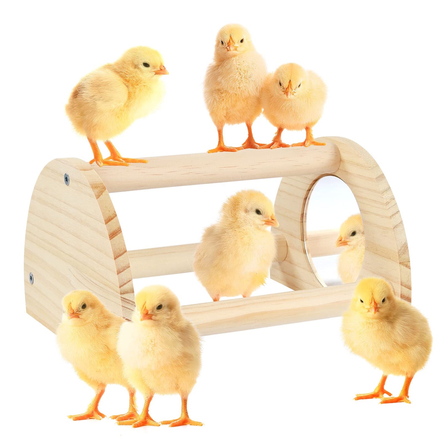 Pine Chicken Perch with Mirror, Strong Chick Jungle Gym Roosting Bar, Chicken Toys for Coop and Brooder, Training Perch Toys for Large Bird, Parrot, Macaw, Hens (Small)