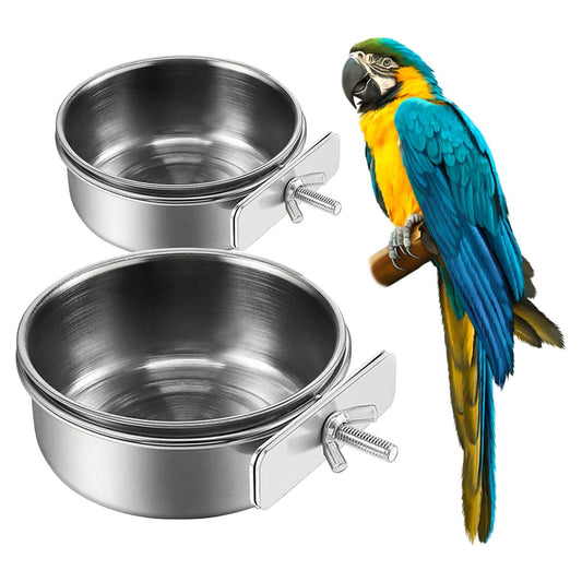 2Pcs Stainless Steel Bird Feeding Bowls, Small Bird Feeding Cup, Stainless Steel Parrot Food Bowl Cage with Holder, Parrot Cage Water Feeder, Pet Cage Cup Holder (Dia 3.93", 4.72",)