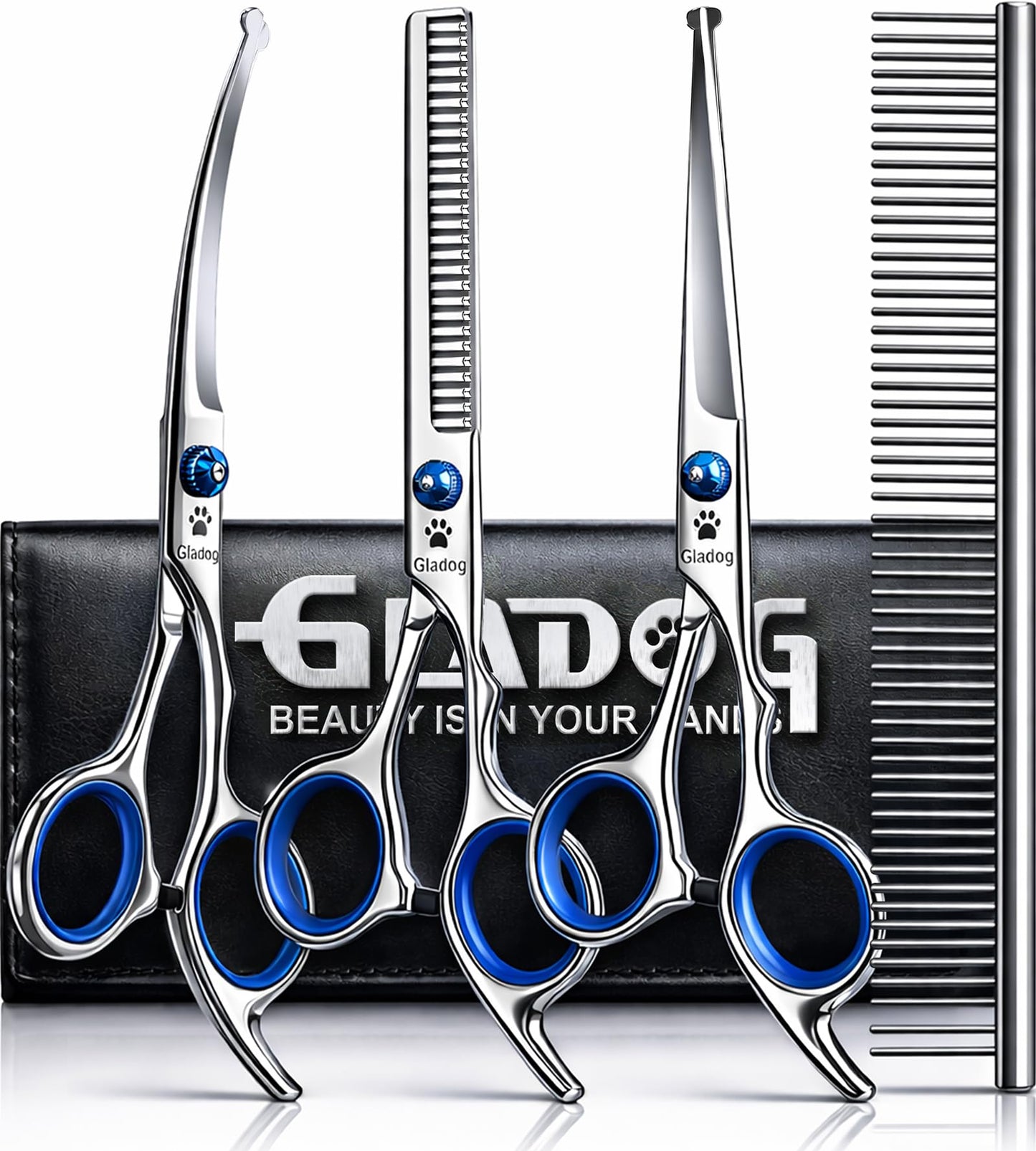GLADOG Professional 5 in 1 Dog Grooming Scissors Set with Safety Round Tips, Sharp and Heavy-duty Pet Grooming Shears for Cats