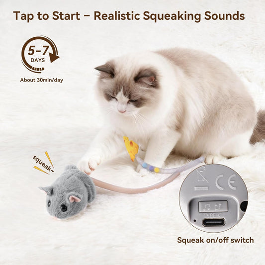 Migipaws Interactive MigiMouse Cat Toy 360° Rolling & Spin with Wiggling Tail for Indoor Cats Smart Motion Sensor, Realistic Squeak, Rechargeable Plush Kitten Toy(Grey)