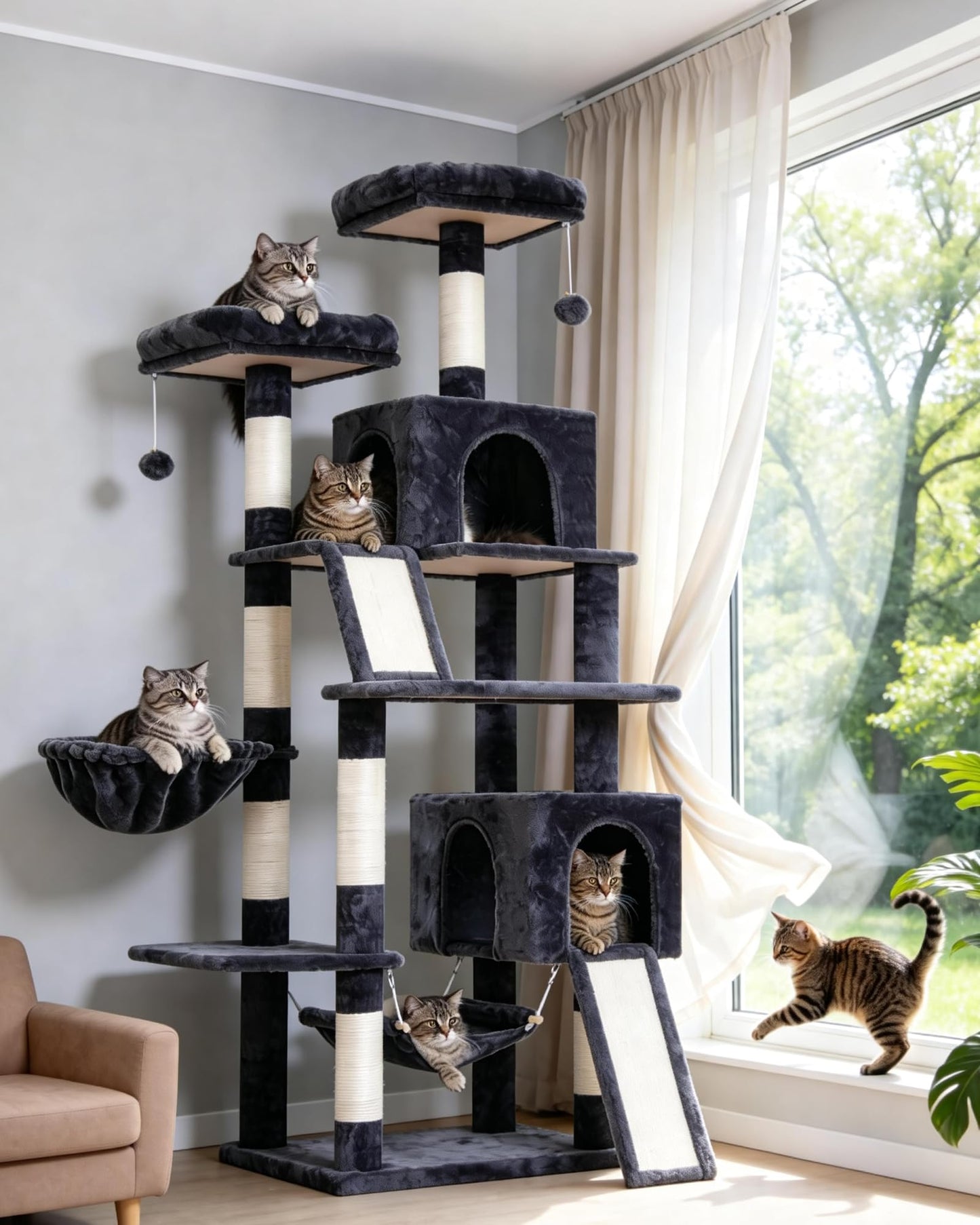 Gitelsnour Cat Tree for Indoor Cats, 71'' (180cm) Multi-Level Cat Tower for Large Adult, Sturdy Cat Tree House with 2 Scratching Boards 7 Posts, 2 Plush Perches/Condos, Hammock, Smoky Gray GCT032G