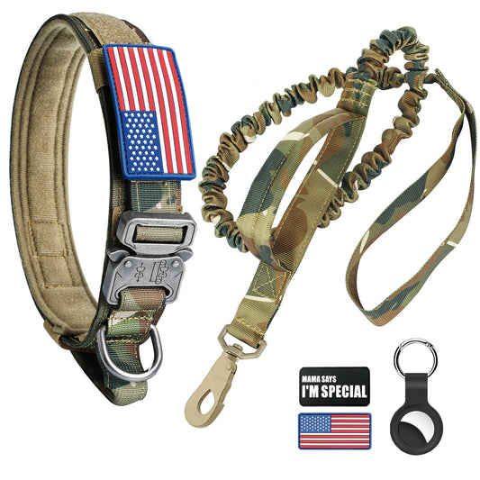 Tactical Dog Collar and Bungee Leash, Camo Military Dog Collar & Leash Set with USA American Flag Adjustable K9 Collar with Heavy Duty Metal Buckle