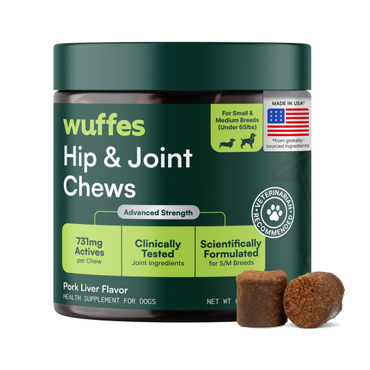 Wuffes Advanced Dog Hip and Joint Supplement with Glucosamine, Chondroitin, Omega 3, MSM, and Green Lipped Mussel, 60 Pork Flavored Chews for Small and Medium Dog Breeds