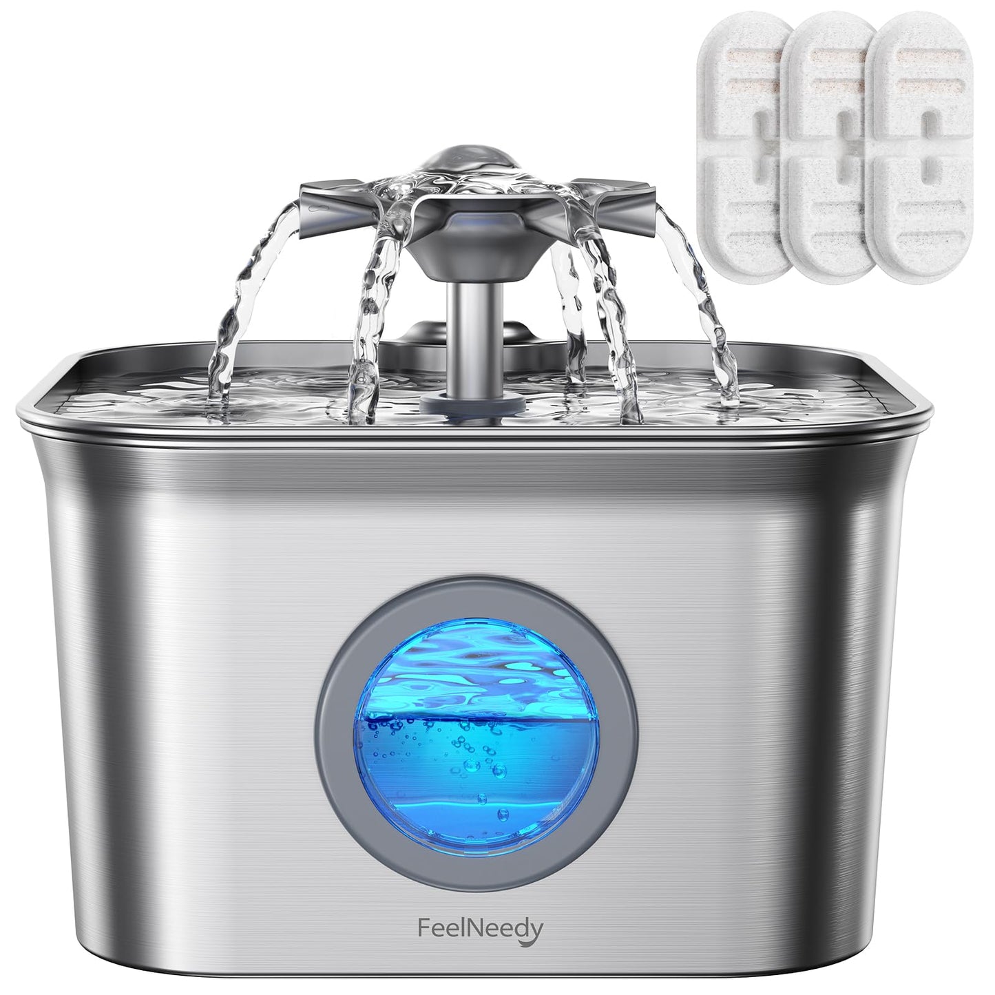 Stainless Steel Cat Water Fountain, 2.8L with 20dB Ultra-Quiet Pump- Ideal for Timid Pets, LED Water Level Window, Dishwasher Safe, 24/7 Circulation- Includes 3 Replacement Filters