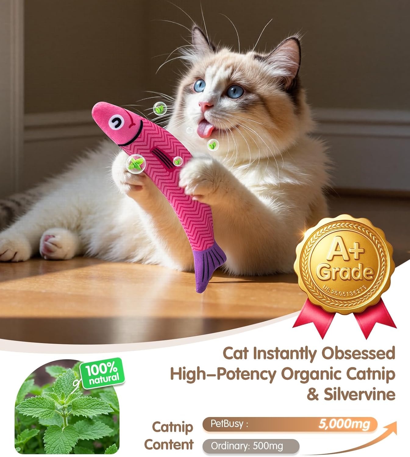 Cat Toys with[5000mg A+Natural Catnip &Silvervine] [Baby Grade] Interactive Soft Chew Kicker Cat Toys for Indoor Cats & Kittens, [Crinkle &Bell] Fish Sound Toy, Drives Bored Cat Crazy with Fun