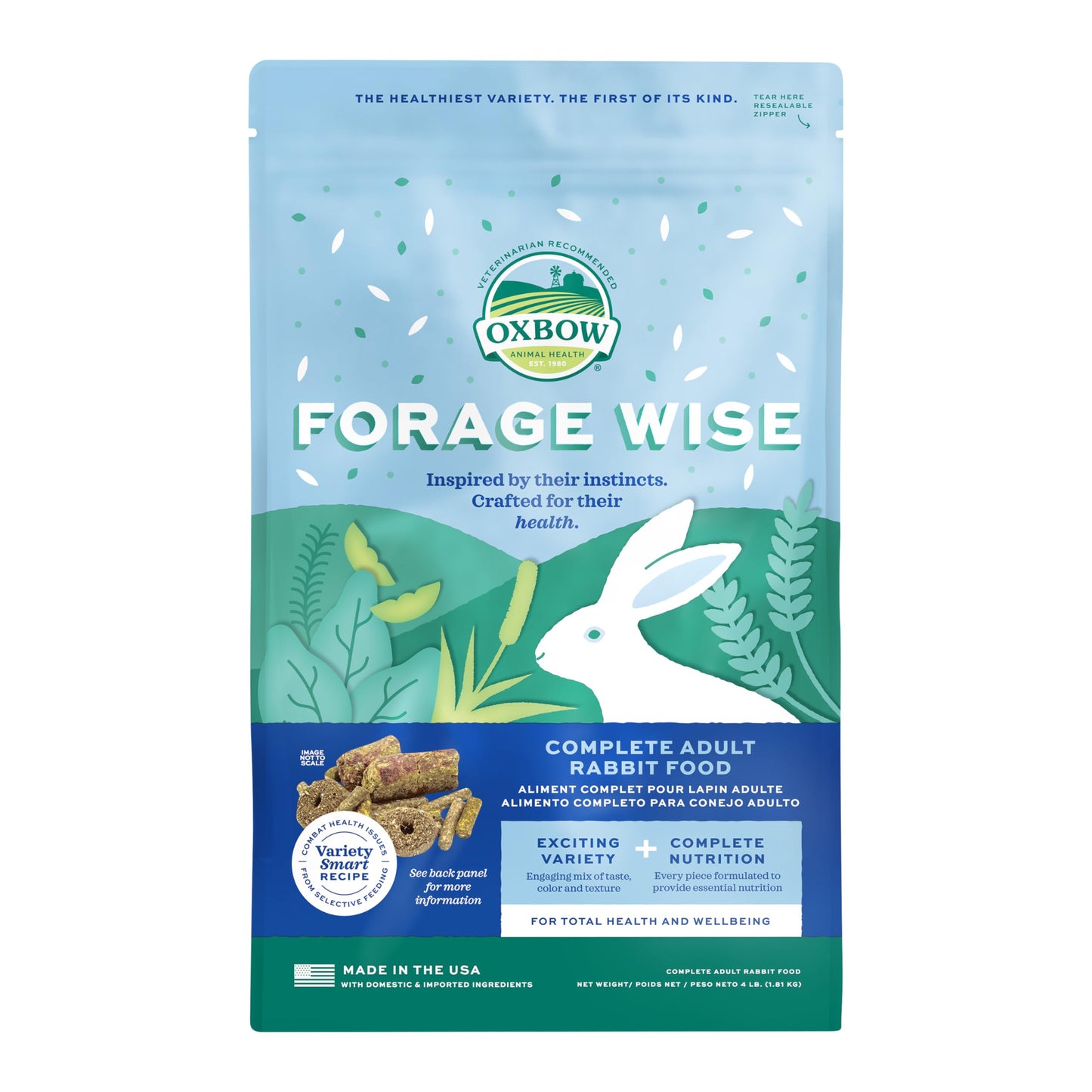 Oxbow Forage Wise Adult Rabbit Food, Engaging Variety Diet with Complete Nutrition in Every Piece, Timothy Hay Based Rabbit Food with Variety, Supports Digestion & Dental Health, Made in USA, 4 lb Bag
